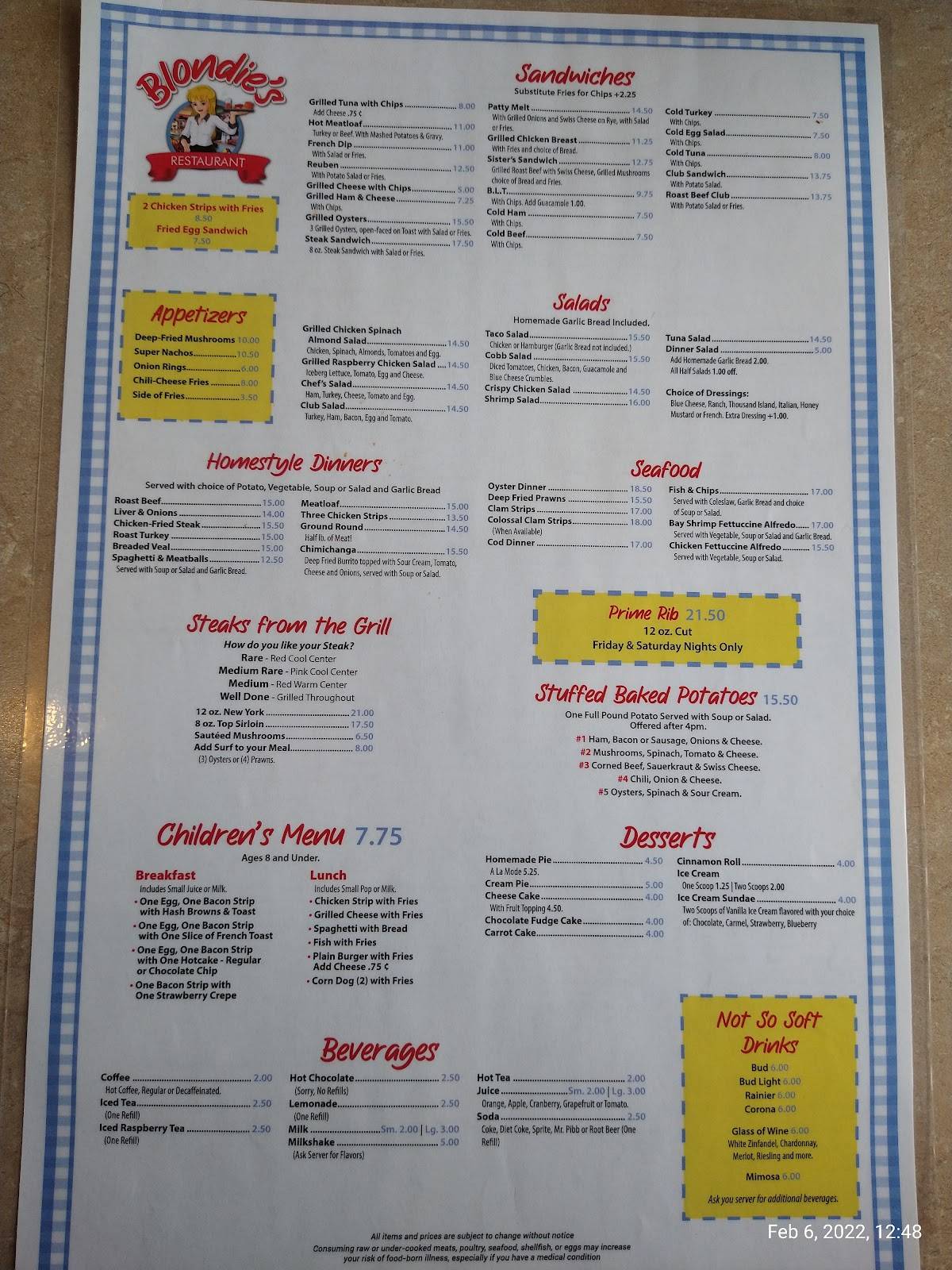 Menu at Blondie's Restaurant, Shelton
