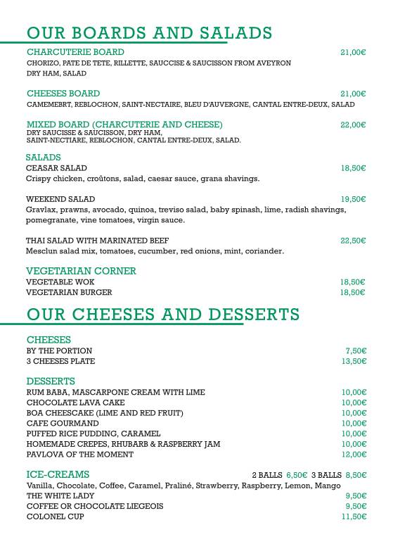 Menu de Restaurant Le Boa