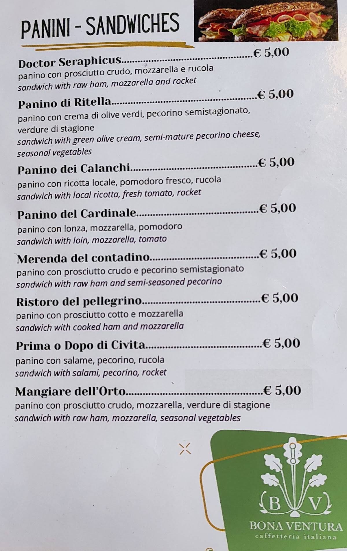 Menu di Bona Ventura Caffetteria Italiana 