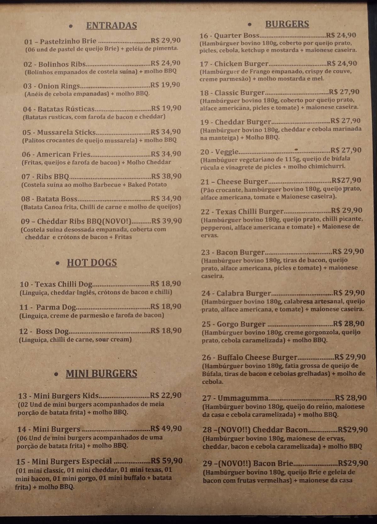 Boss Burger FAB cardápio