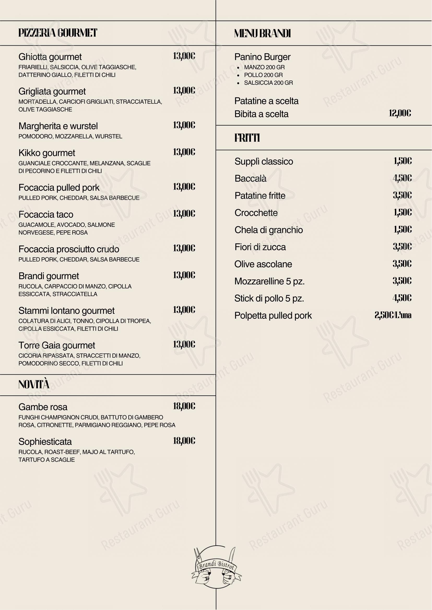 Menu per Brandi Bistrot ristorante