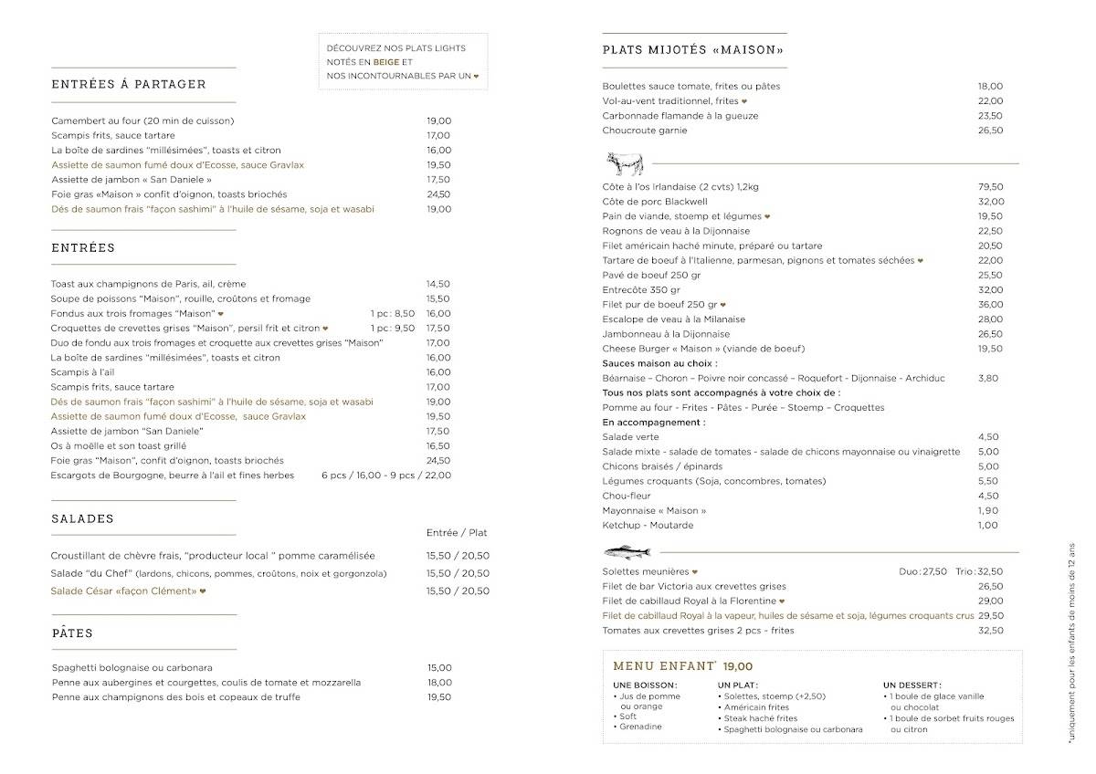 Menu de Brasserie Chez Clément