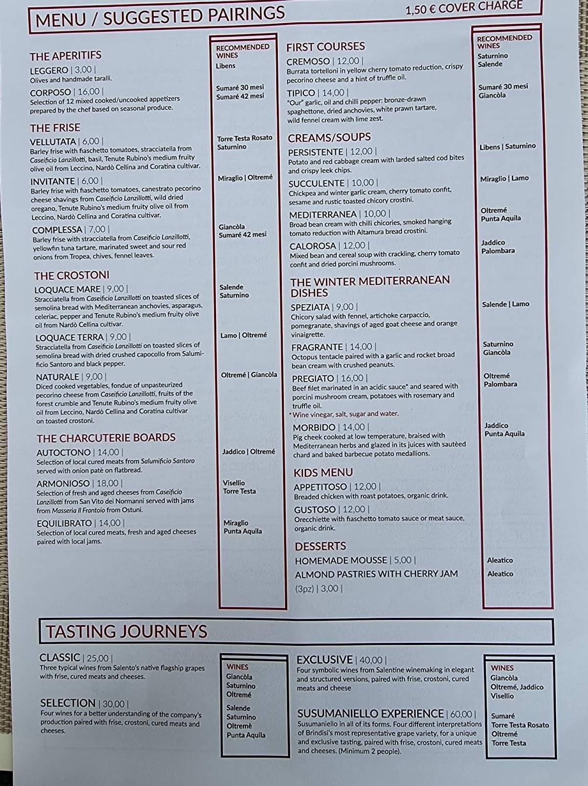 Menu di Vinoteca Numero Primo 