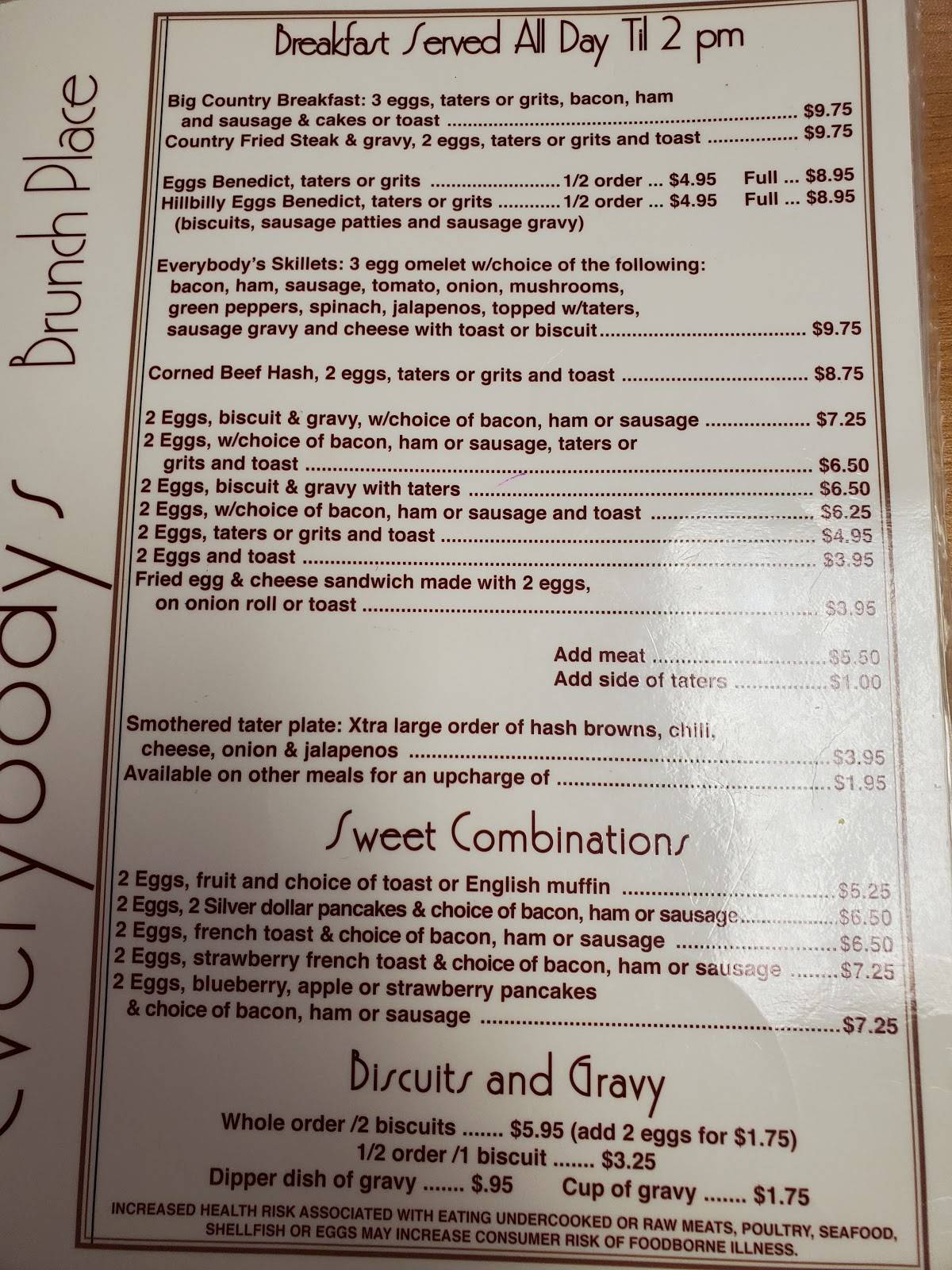 Menu at Brunch Place restaurant, North Fort Myers, N Tamiami Trail