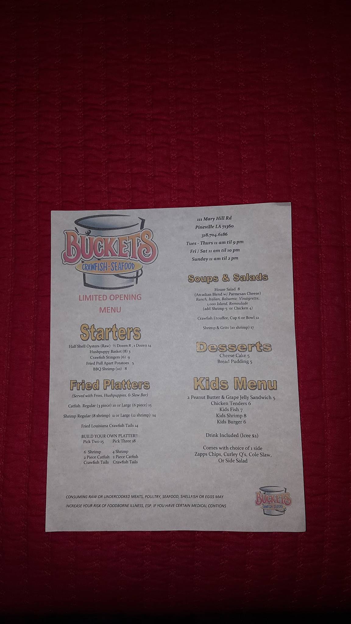 Menu at Buckets Crawfish and Seafood restaurant, Pineville