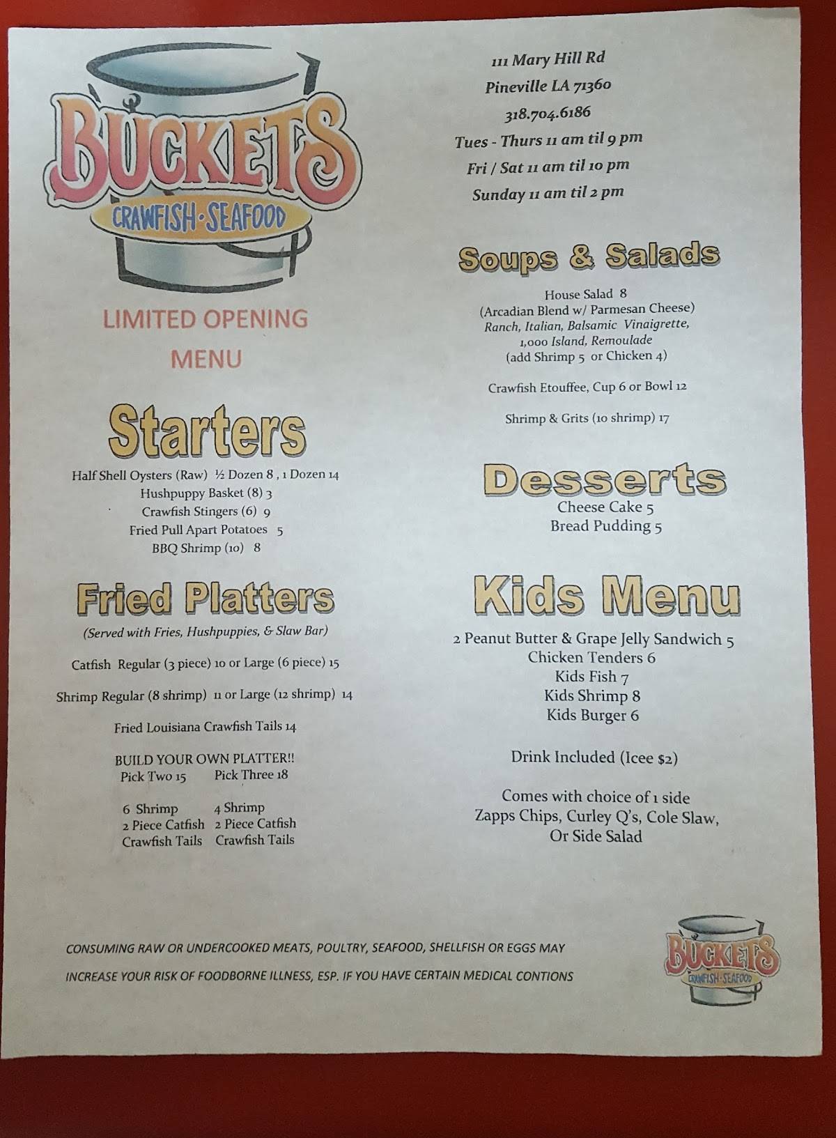Menu at Buckets Crawfish and Seafood restaurant, Pineville