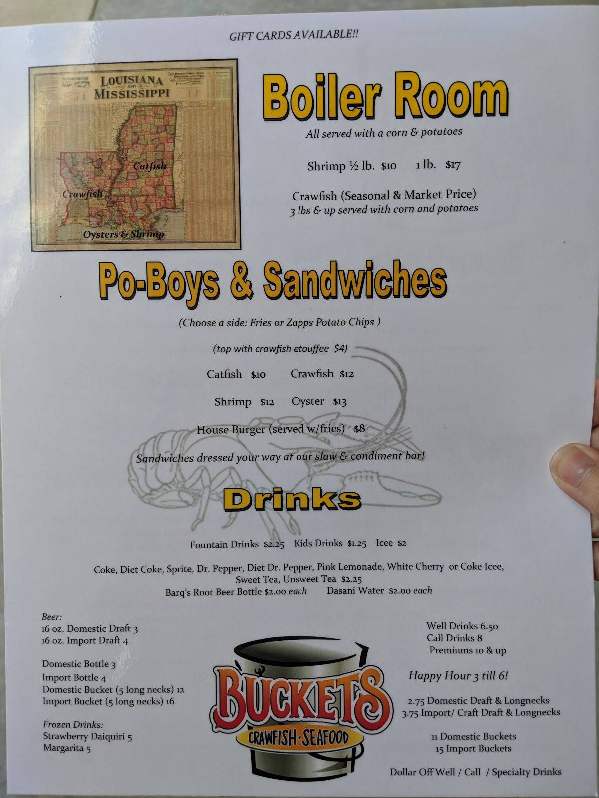 Menu at Buckets Crawfish and Seafood restaurant, Pineville