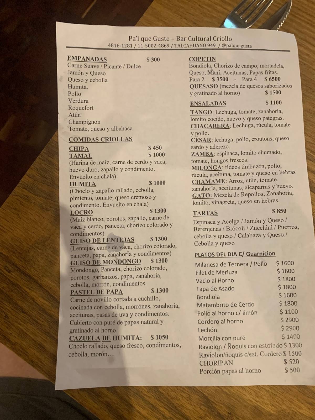 Carta Del Pub Y Bar Pal Que Guste Buenos Aires