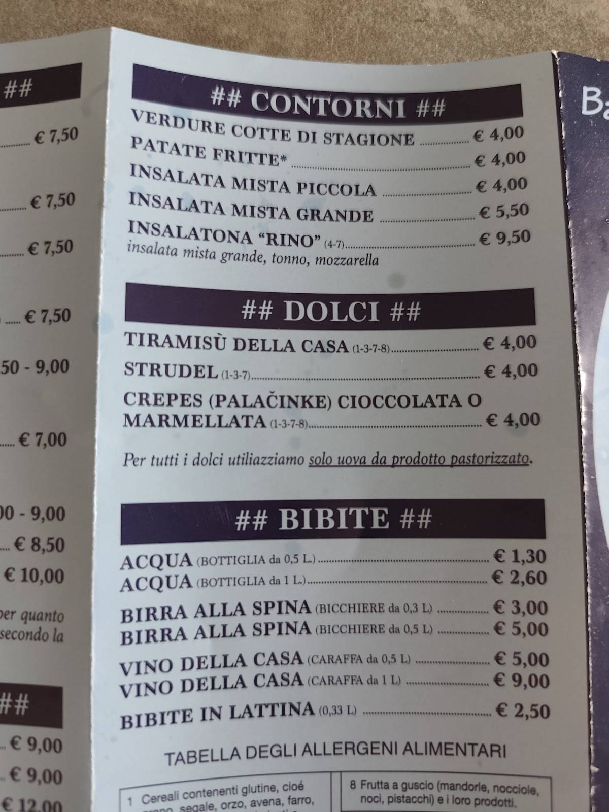 Menu di Buffet Pizzeria Rino 