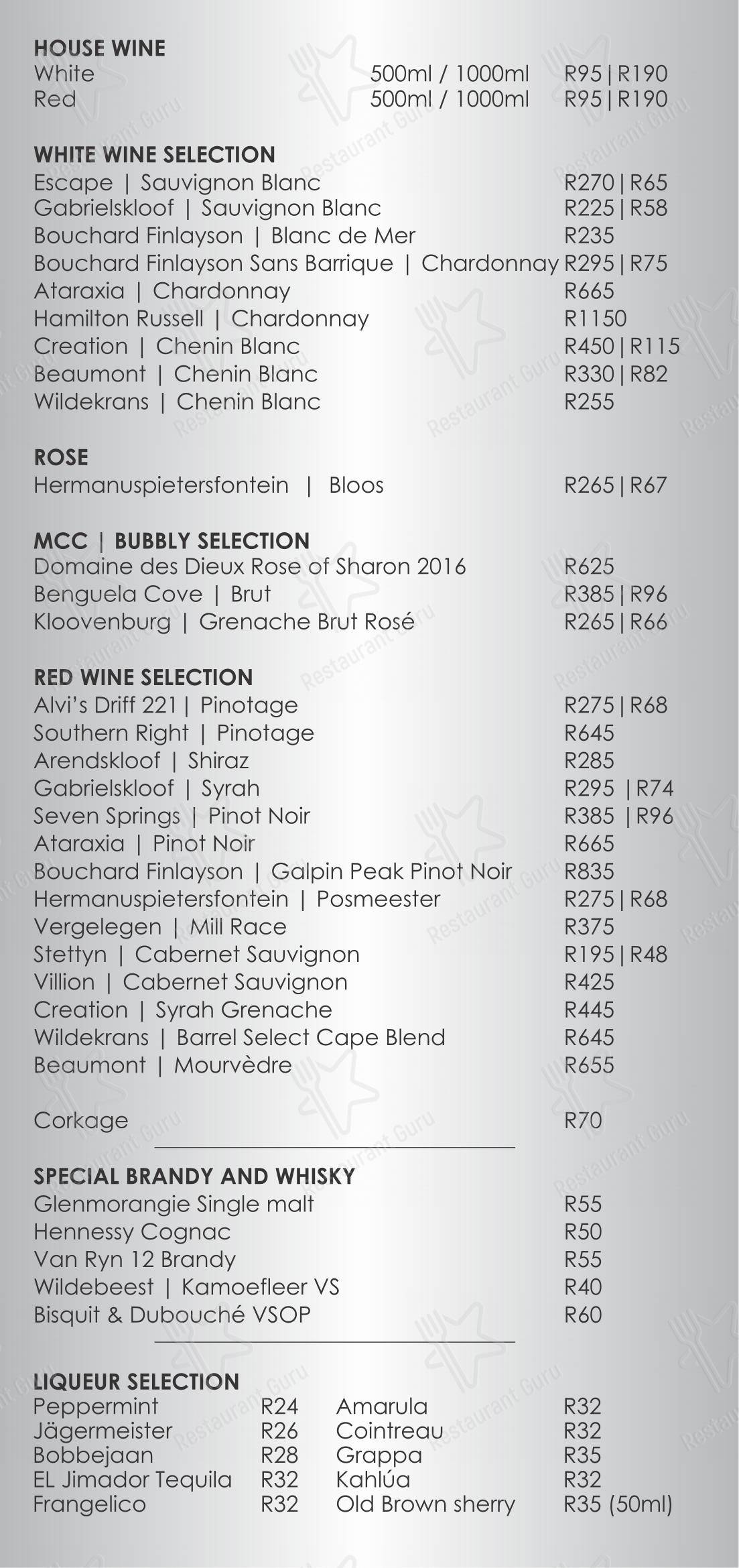 Burgundy Restaurant dans Hermanus - Коктейльная карта