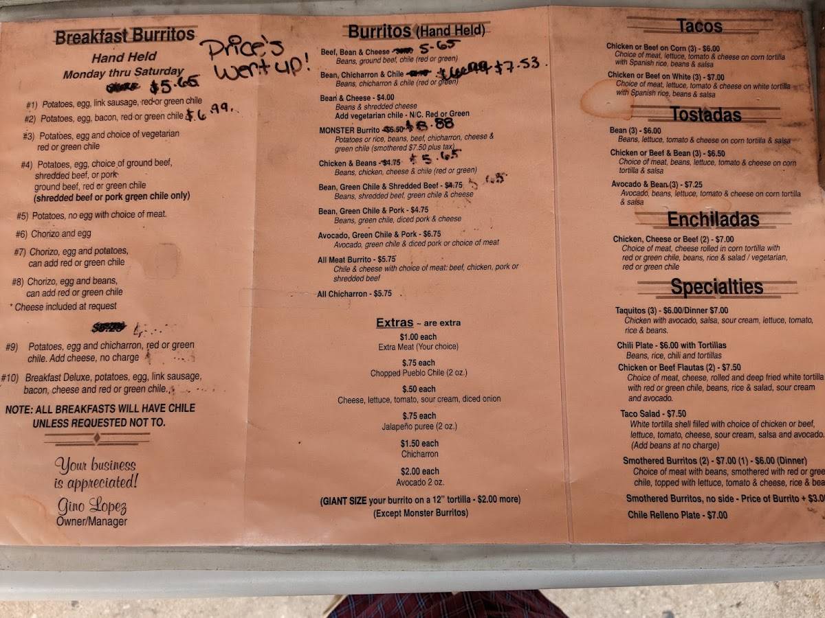 Menu at Burrito's Betty restaurant, Pueblo