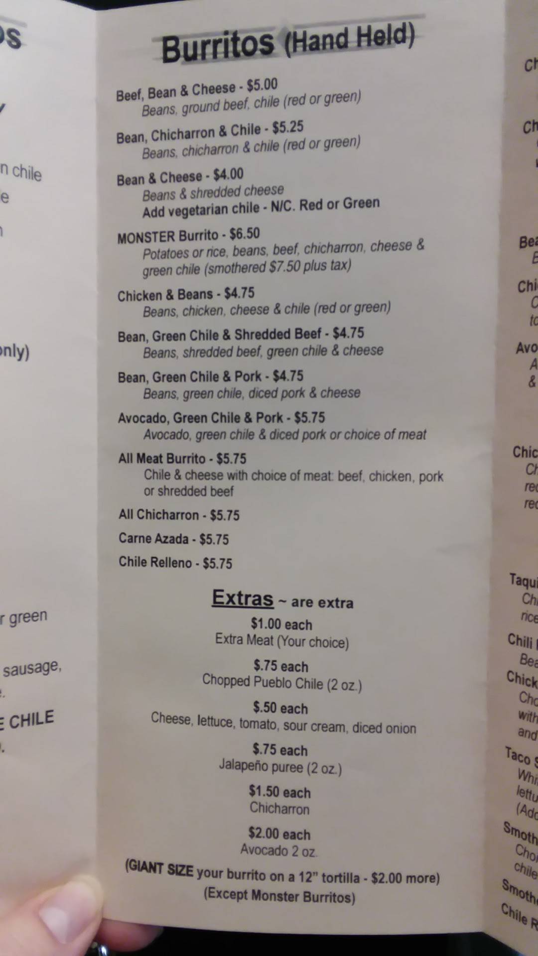 Menu at Burrito's Betty restaurant, Pueblo