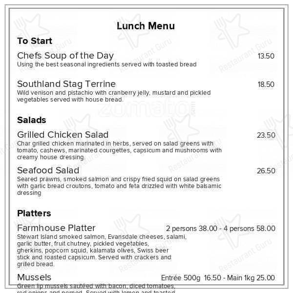 Menu at Buster Crabb restaurant, Invercargill