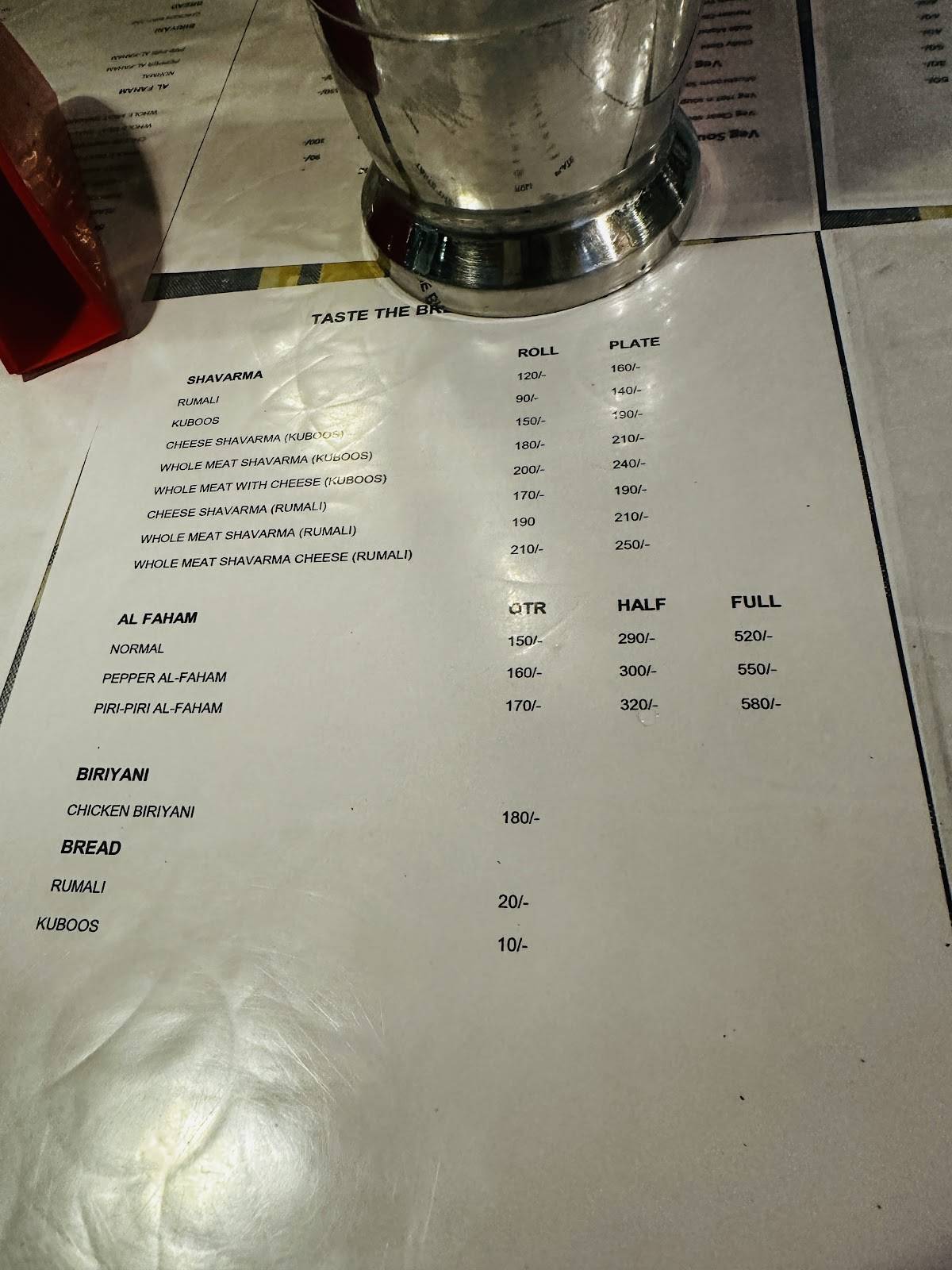 Cafe Arabia menu