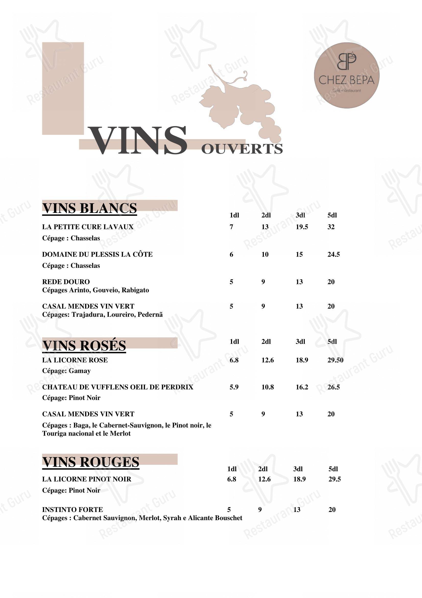 Menu per Café-Restaurant CHEZ BEPA ristorante