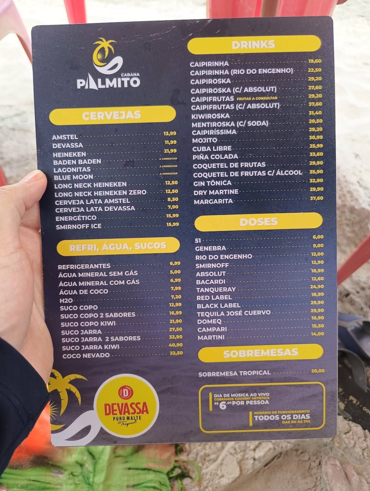 Cabana Palmito cardápio