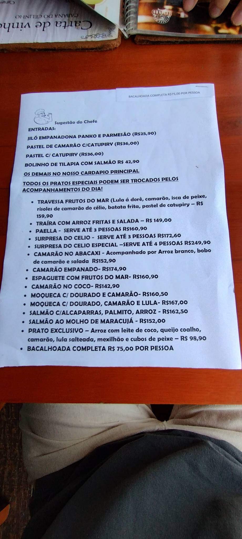Cabana do Celinho cardápio