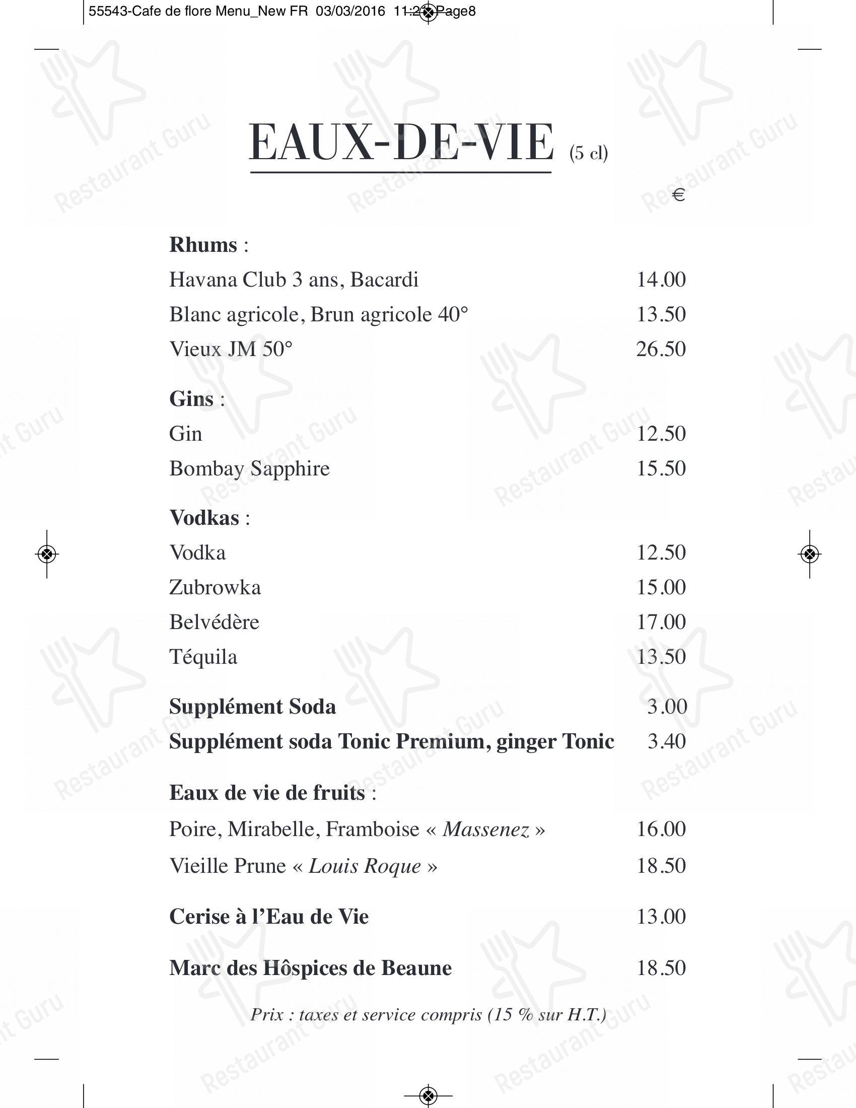 Menu at Café de Flore, Paris, 172 Bd Saint-Germain