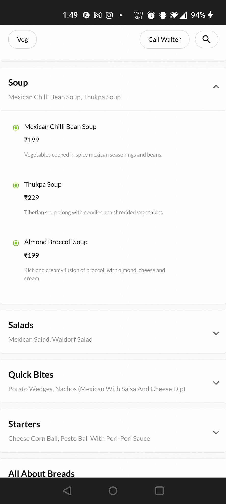 18.19 Cafe' Lounge menu