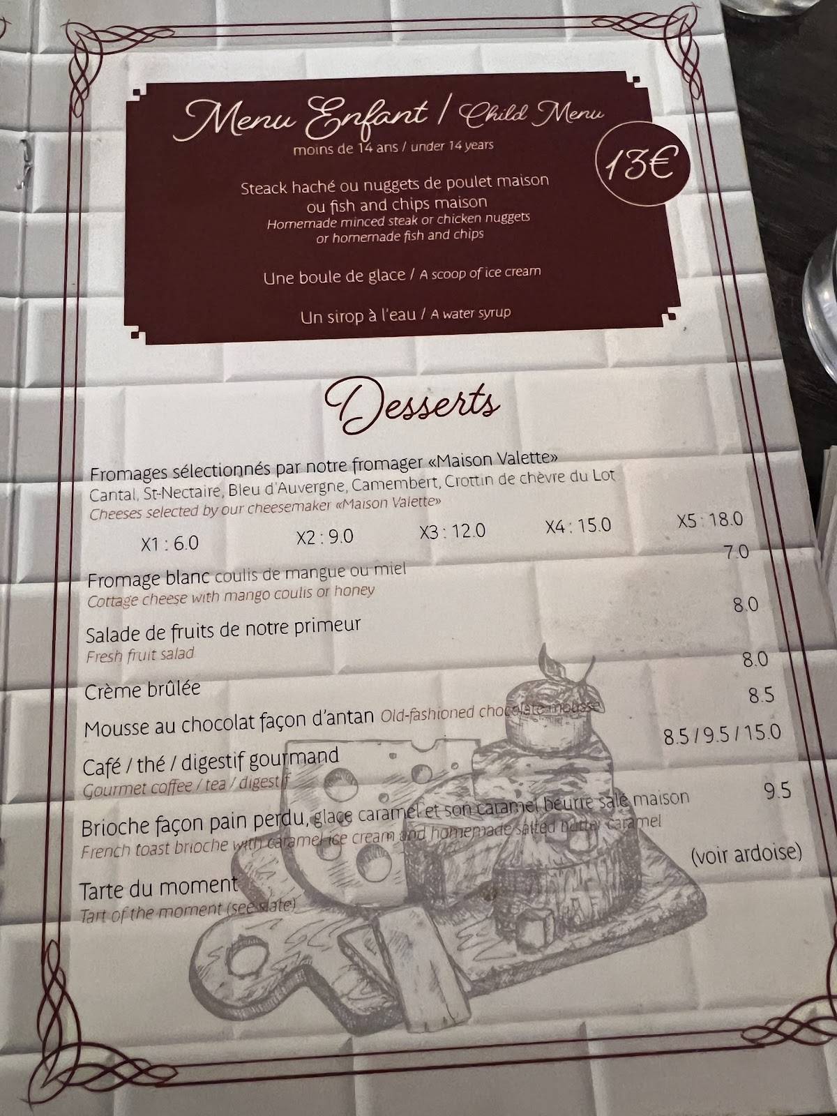 Menu de Café Basile Paris 15
