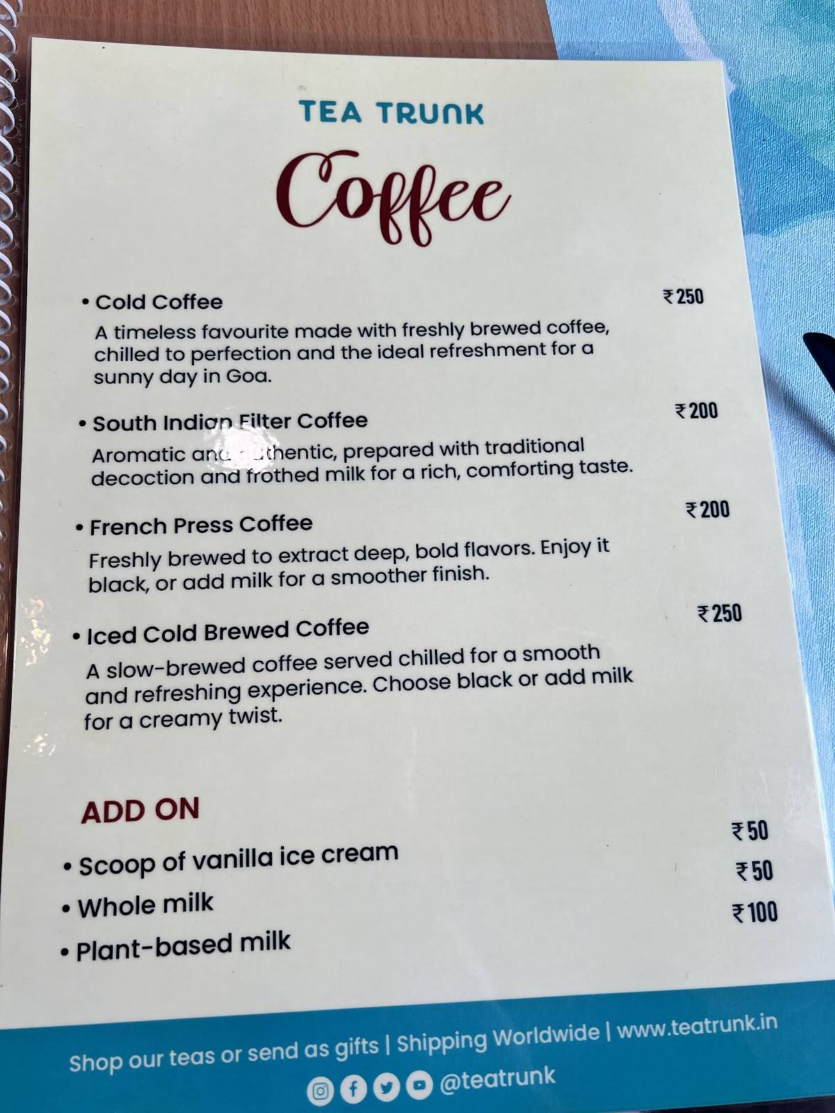Cafe Tea Trunk menu