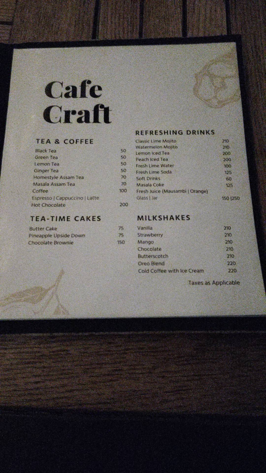 Cafe Craft menu
