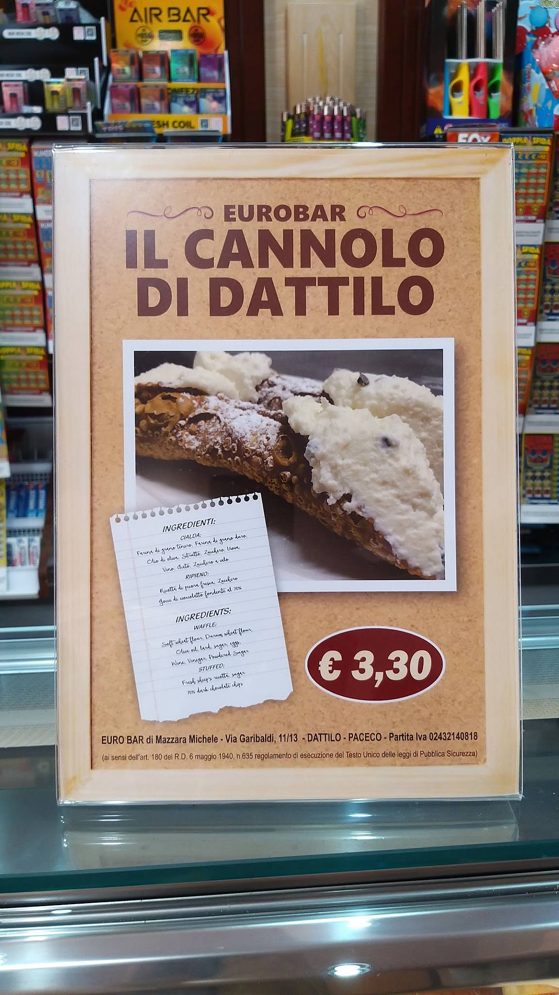 Menu di Euro Bar cannoli siciliani 