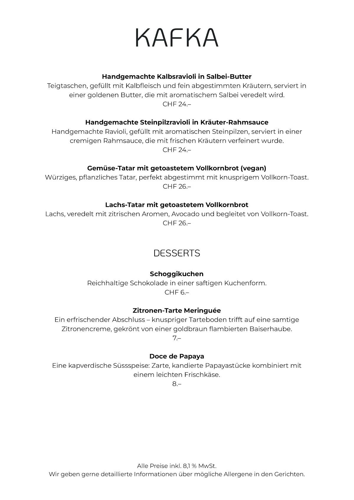 Menu di Café Kafka 