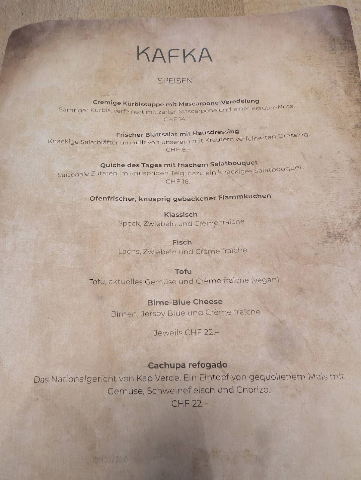 Menu di Café Kafka 