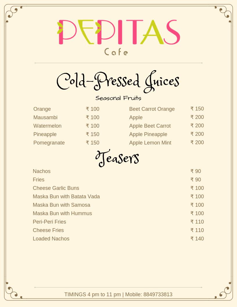 Pepitas Cafe menu