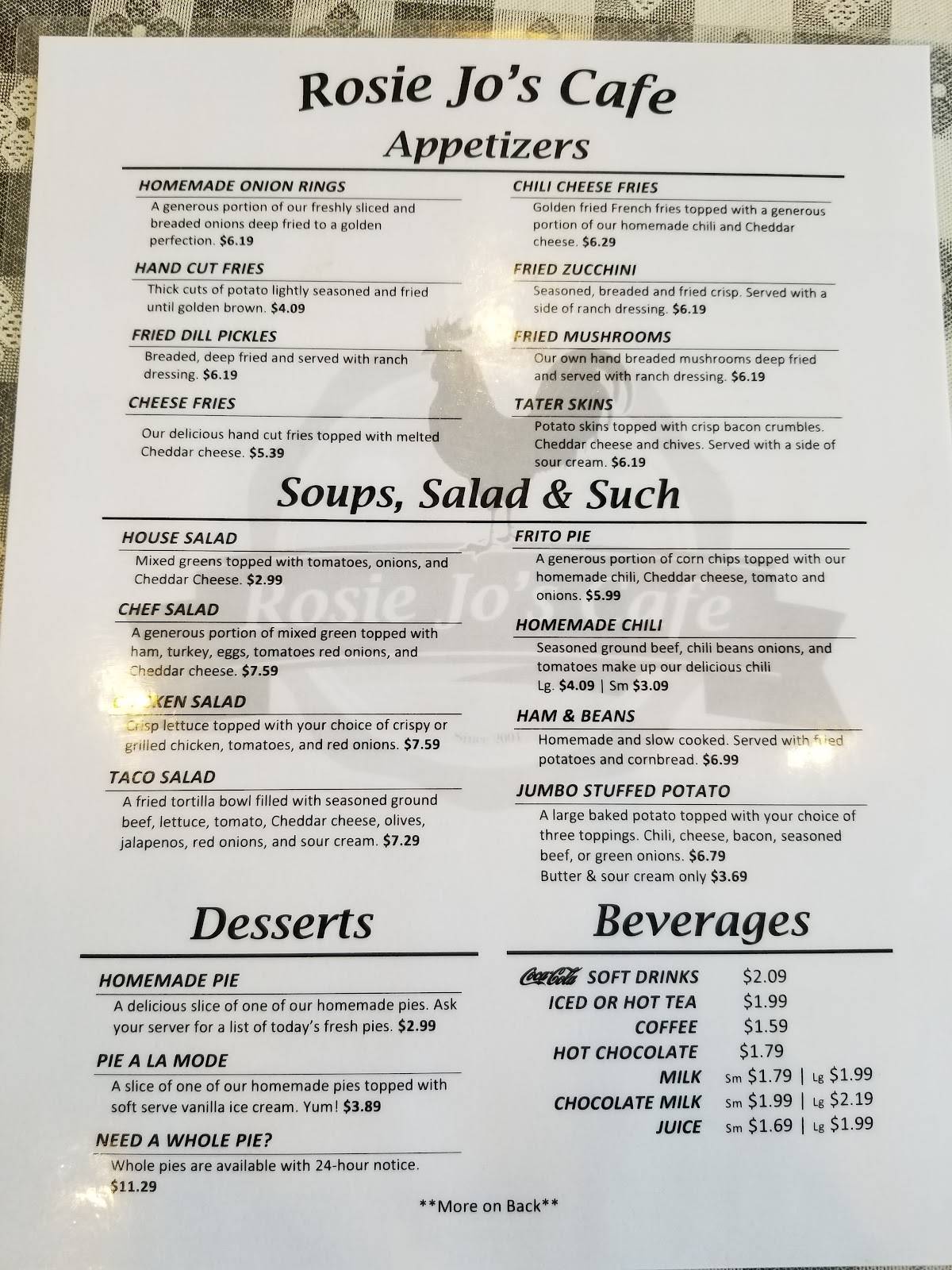 Menu at Rosie Jo's Cafe, Ozark, S 15th St