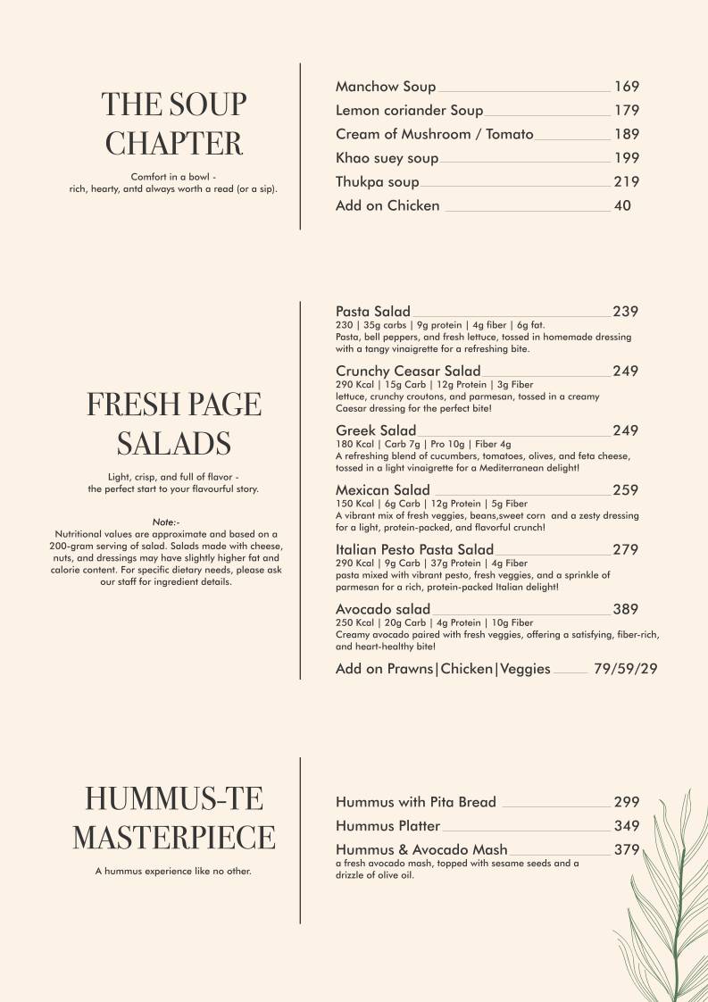The Bookmark Cafe menu