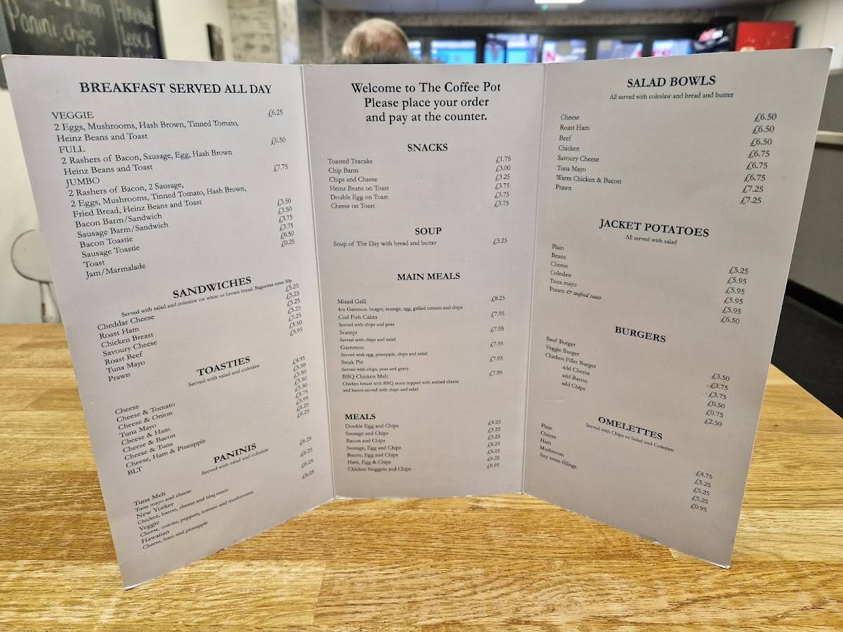 Menu at The Coffee Pot cafe, Blackpool