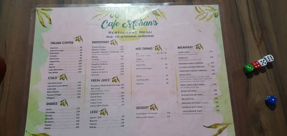 Cafe mohans menu