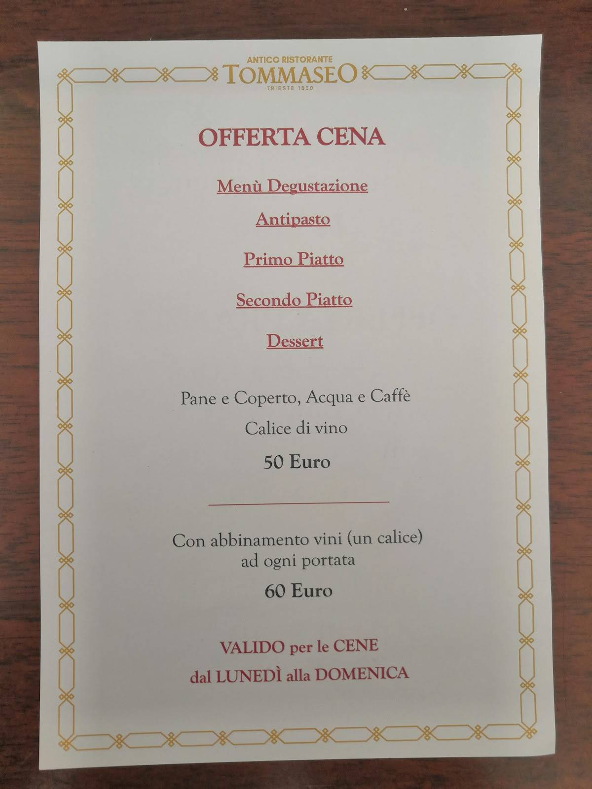Menu di Antico Ristorante Tommaseo 