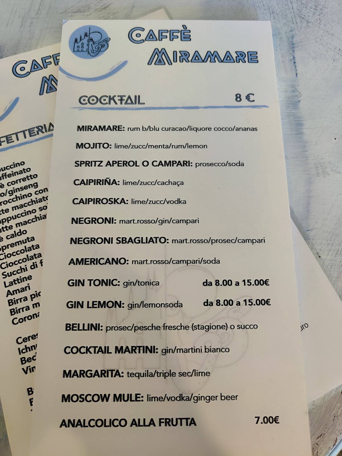 Menu di Caffè miramare 