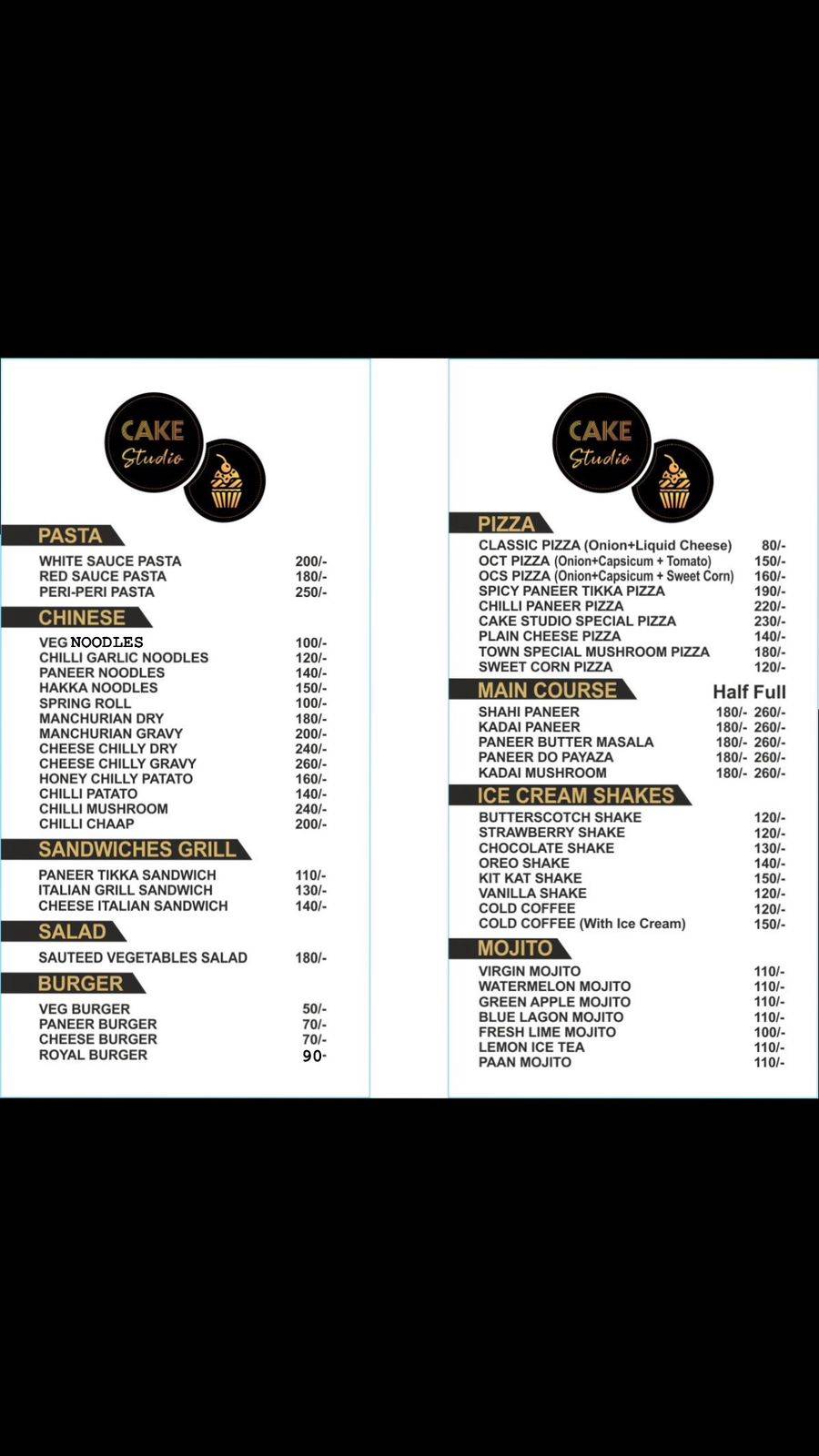 Cake Studio menu