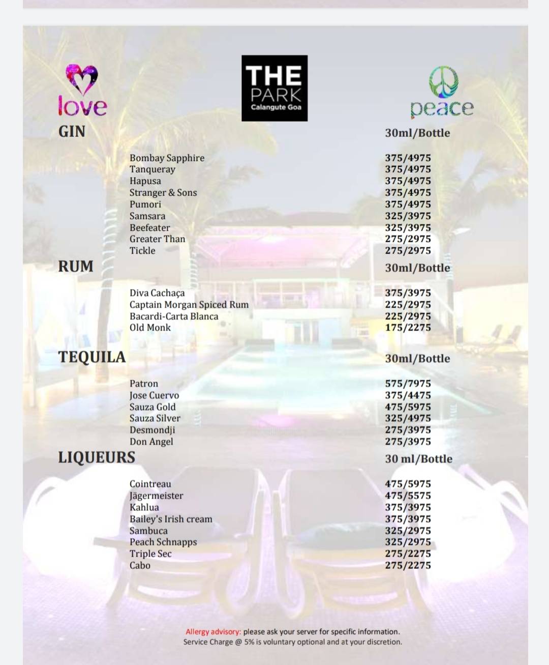 Peace Bar menu