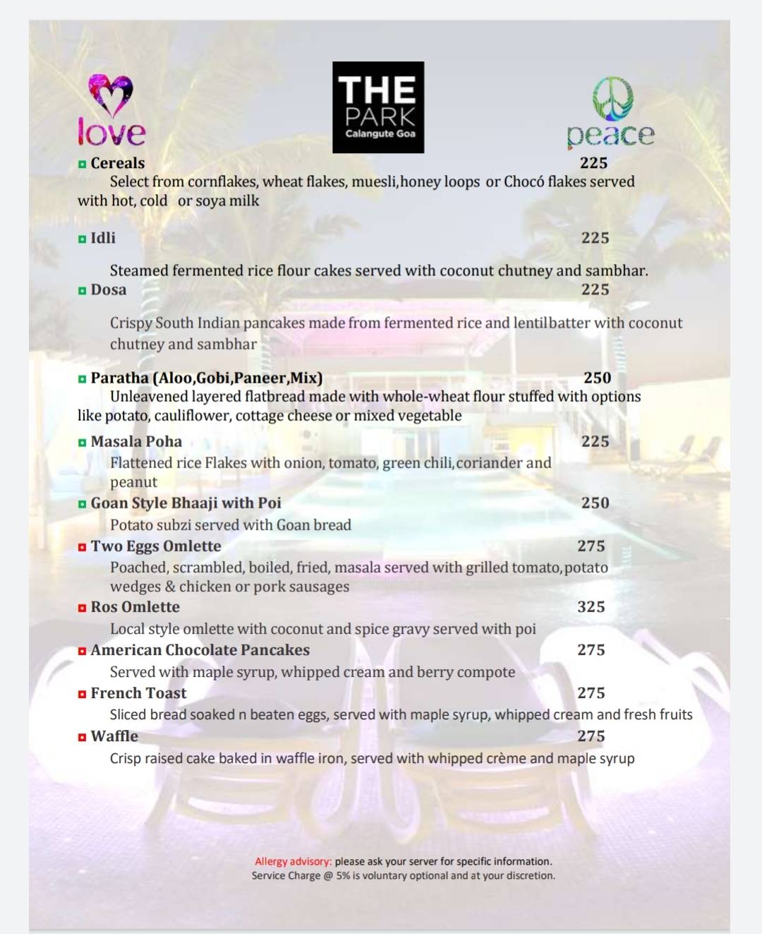 Peace Bar menu