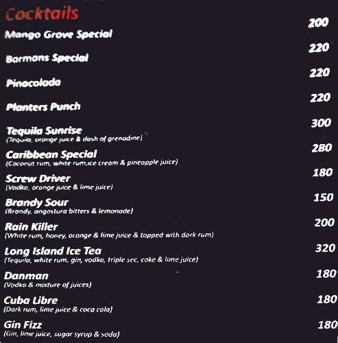 The Mango Grove Bar & Restaurant menu