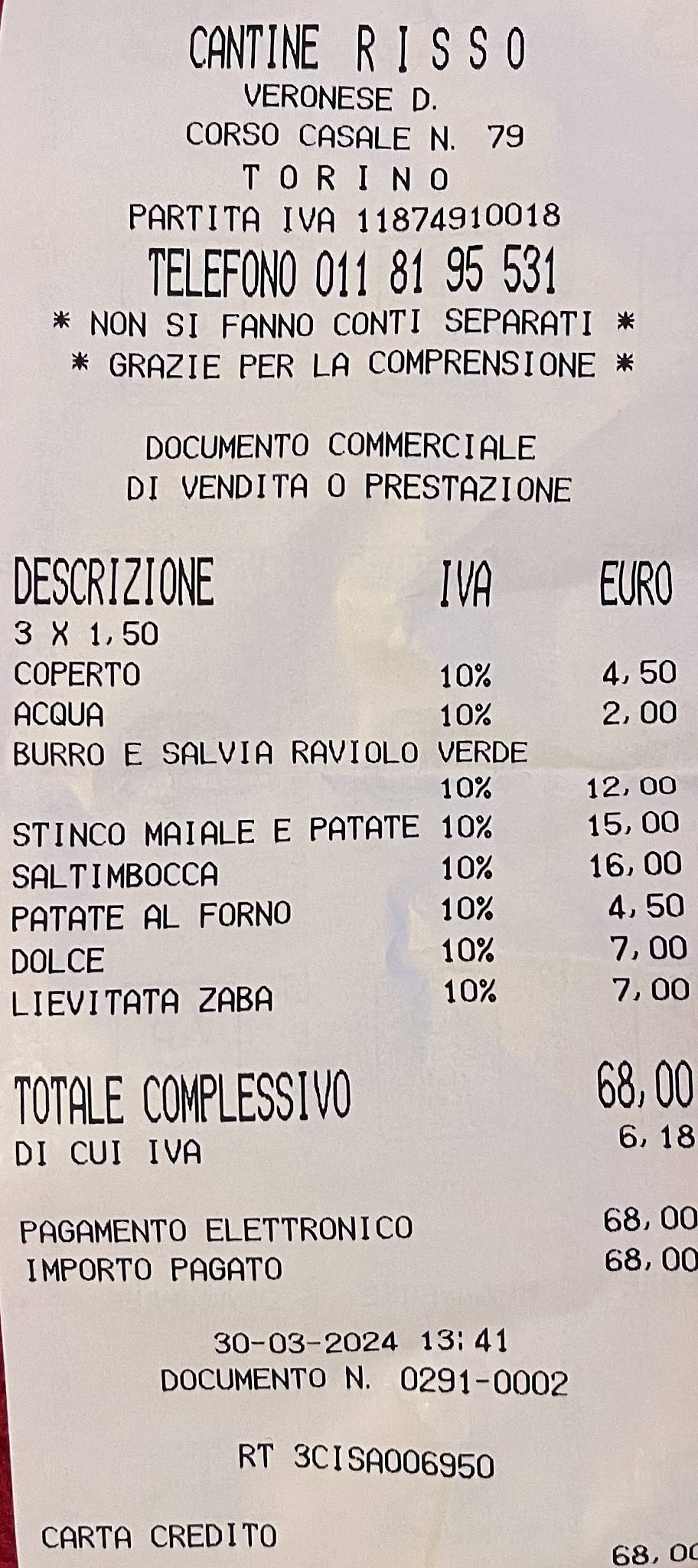 Menu di Cantine Risso 