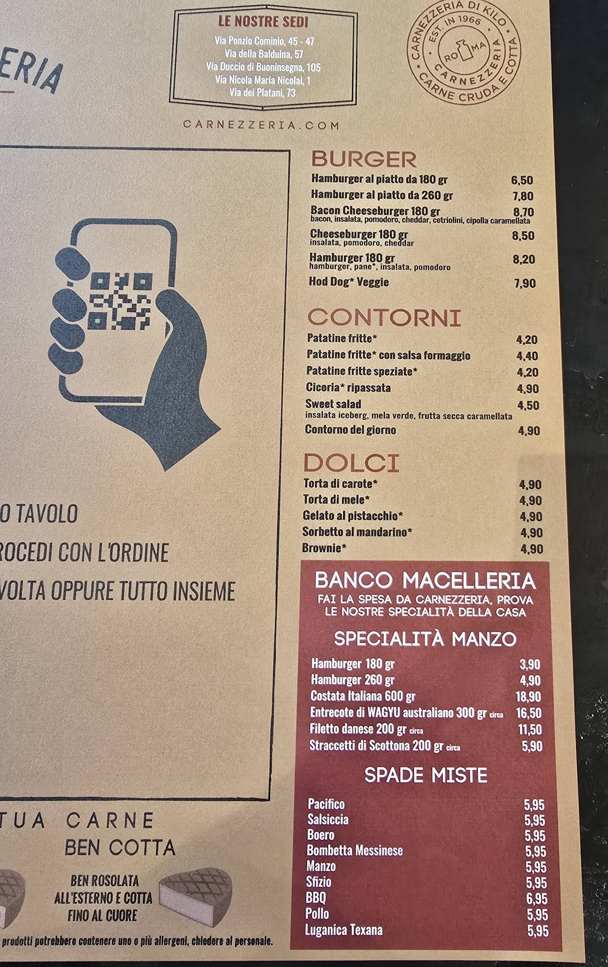 Menu di Carnezzeria di Kilo 