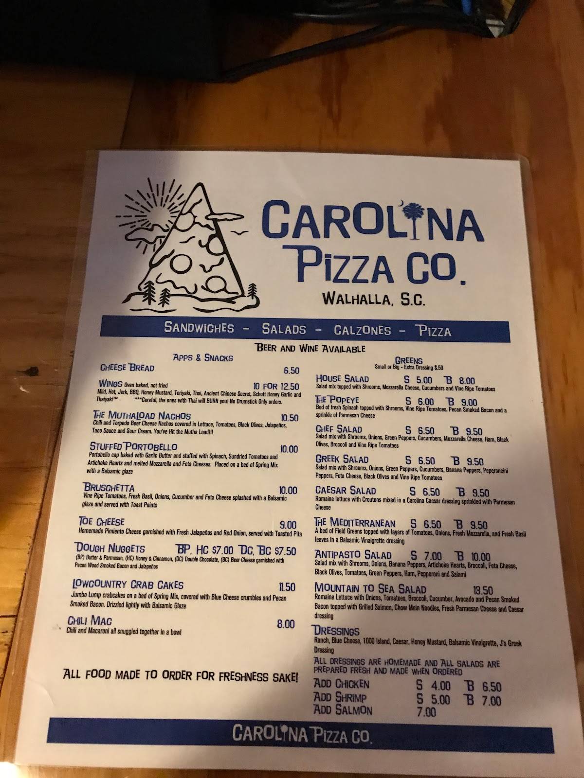 Menu at Carolina Pizza Company pizzeria, Walhalla