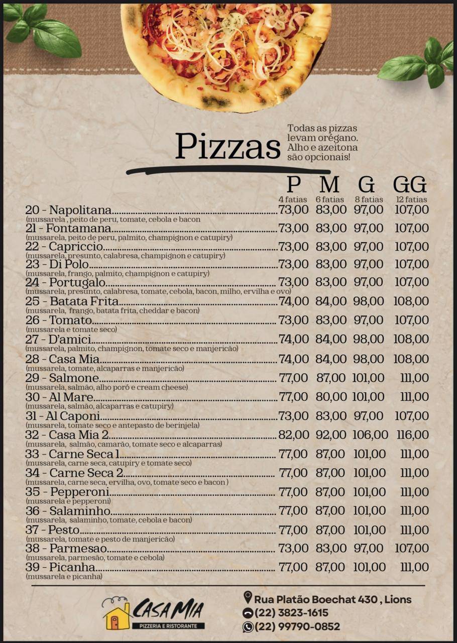 Casa Mia Pizzaria cardápio