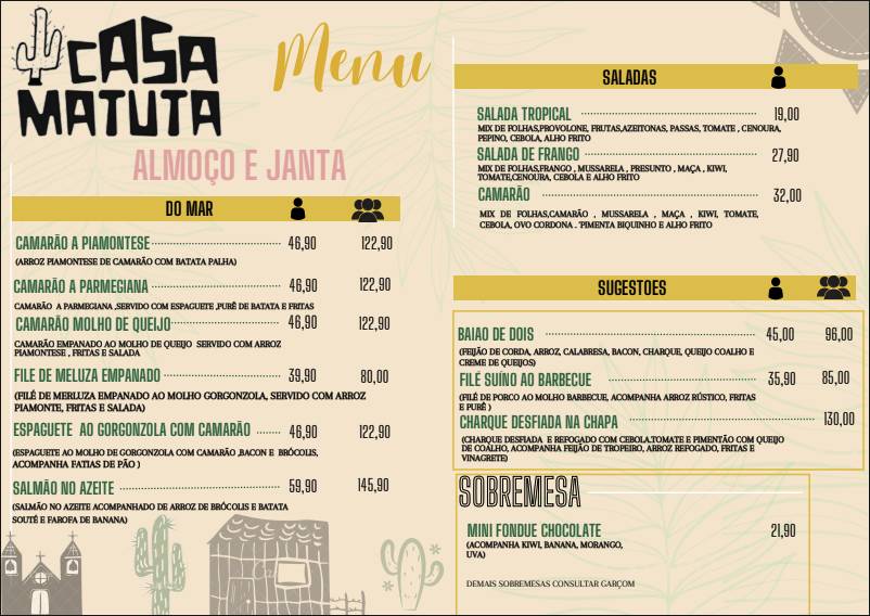 Casa matuta - Restaurante em Caruaru - Bar cardápio