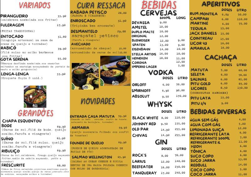 Casa matuta - Restaurante em Caruaru - Bar cardápio
