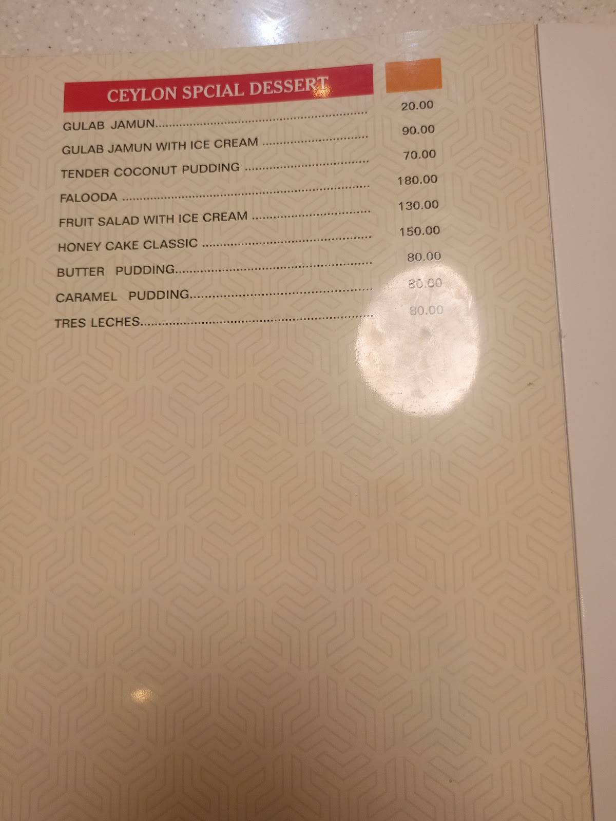 Ceylon Bake House - Marine Drive menu