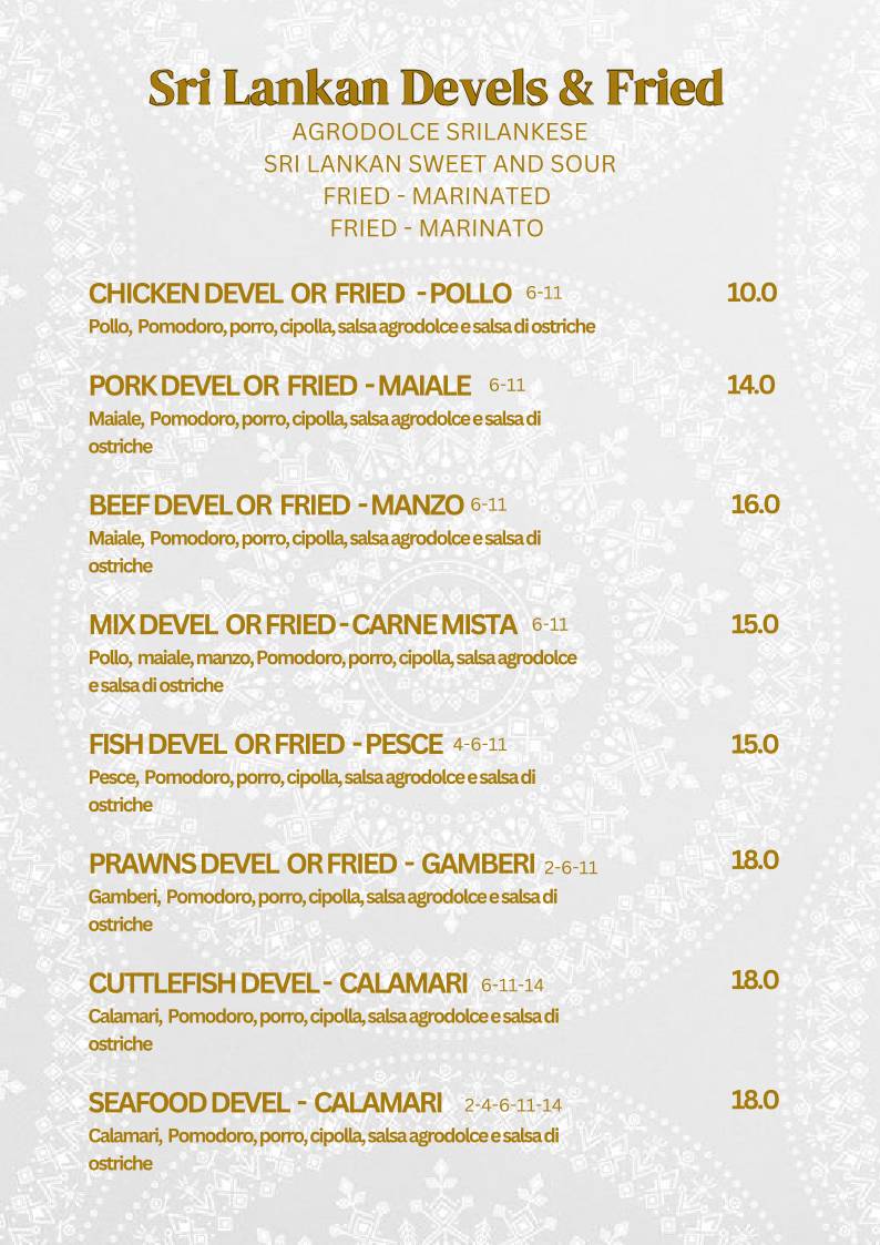 Menu de Ceylon Restaurant Sri Lankan & Indian Cuisine Milano Piazza Firenze