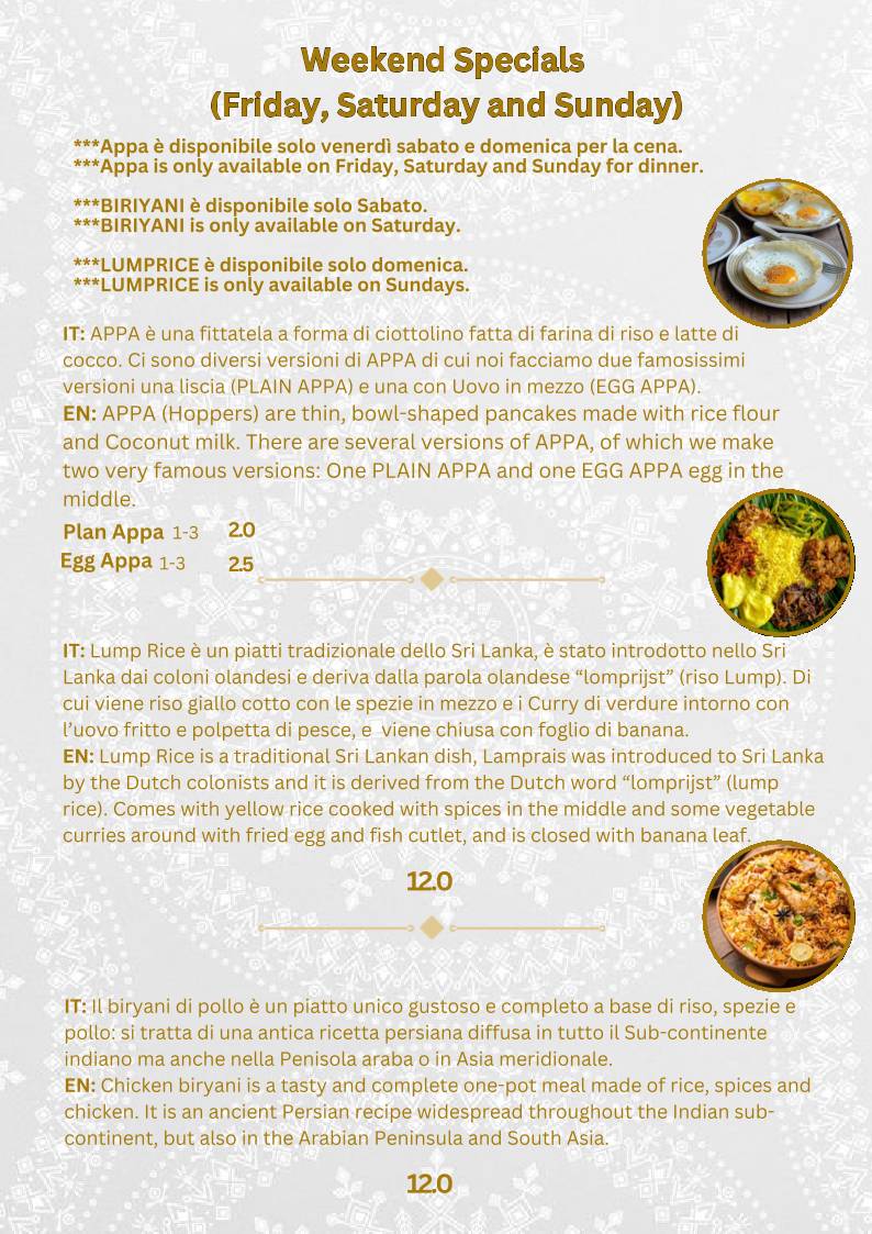 Menu de Ceylon Restaurant Sri Lankan & Indian Cuisine Milano Piazza Firenze