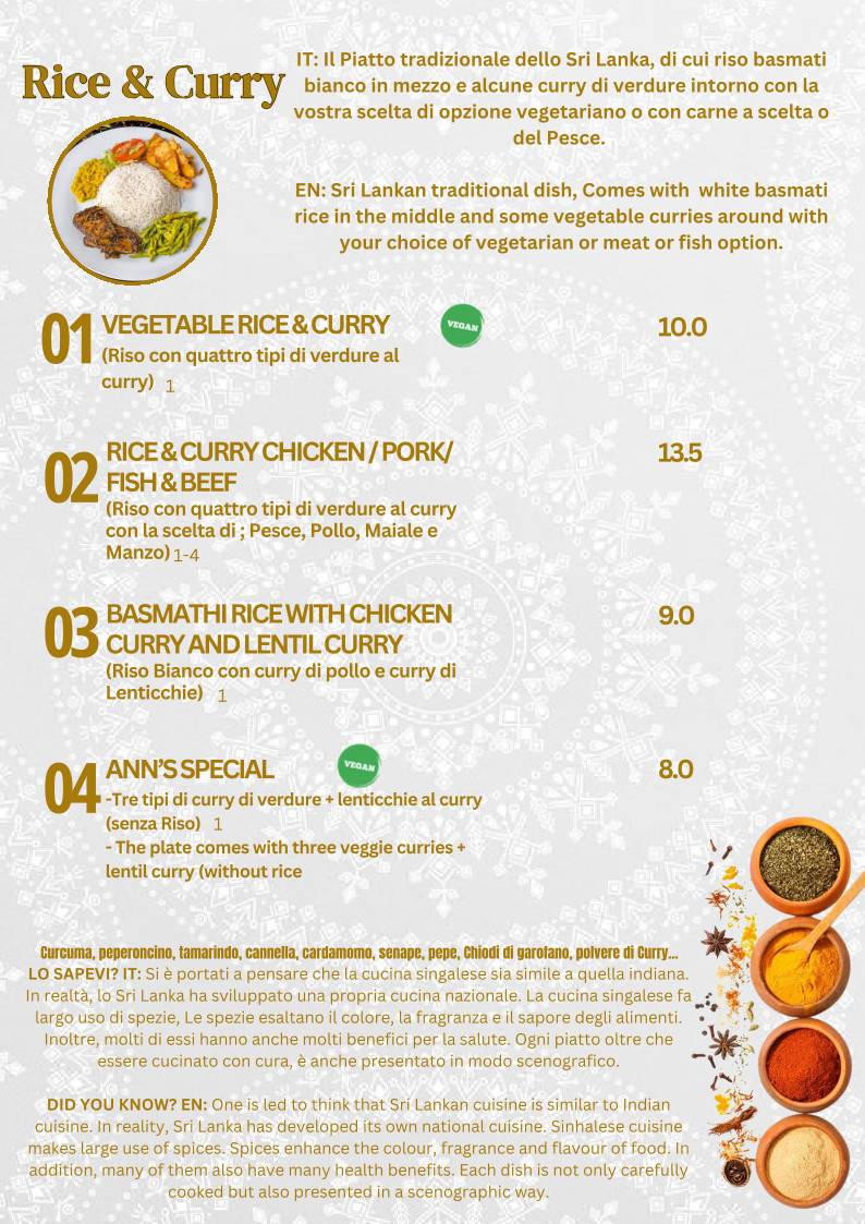 Menu de Ceylon Restaurant Sri Lankan & Indian Cuisine Milano Piazza Firenze
